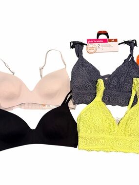 wonder nation Girls' Bralette Set — Black, Beige, Gray & Neon Yellow size M 34